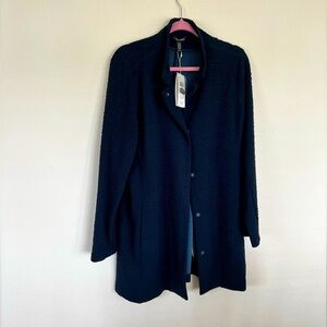 Eileen Fisher Navy Blue Organic Cotton & Tencel Pucker Stand Collar Long Jacket